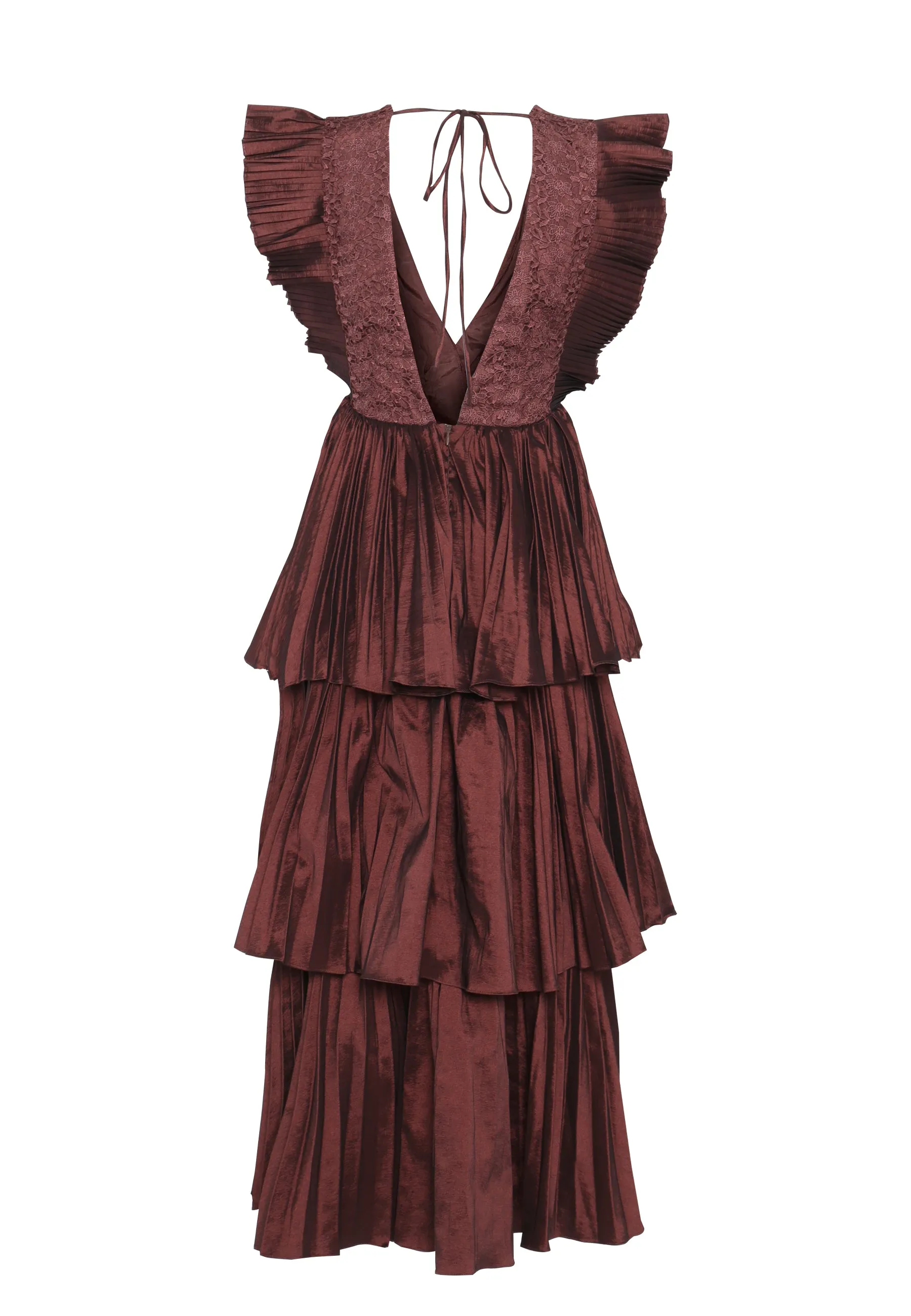 Chocolate Taffeta Pleated Tiered Midaxi Dress
