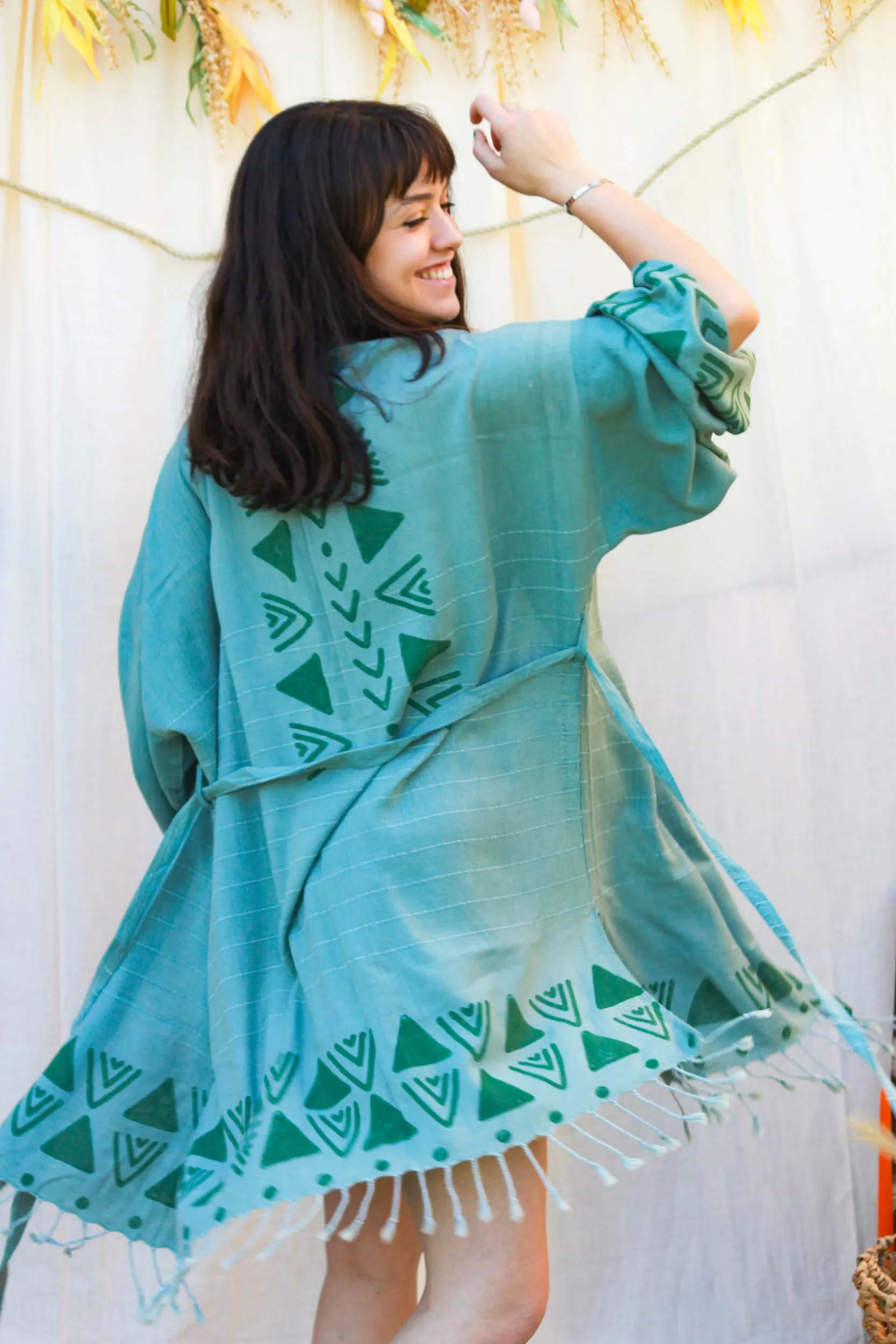 Geometric Print Kimono - Pistachio Green
