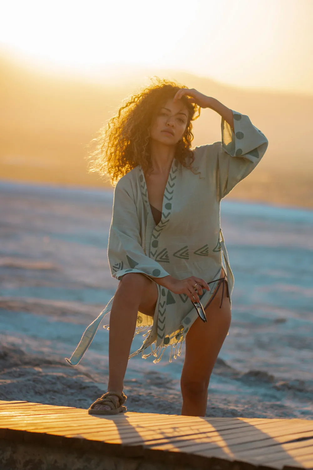 Geometric Print Kimono - Pistachio Green