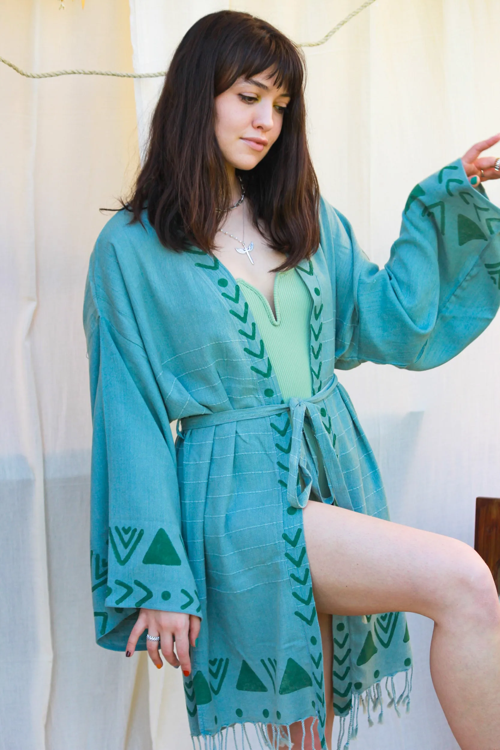 Geometric Print Kimono - Pistachio Green