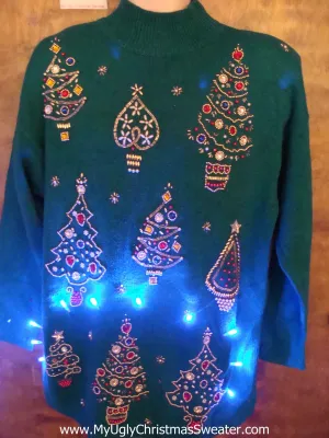 Green 80s Bling Trees Light Up Ugly Xmas Sweater