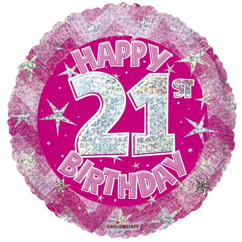 “Happy 21st Birthday” Design Pink Holographic Foil Birthday Balloon 18"