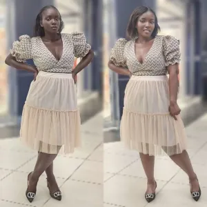 Honey-Comb Mesh Shirt and Pleated Skirt.