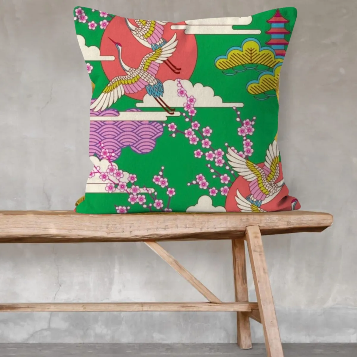 Japanese Kimono Cranes Flying Across the Red Sun with a Glorious Green Background Print Cushion and Pad