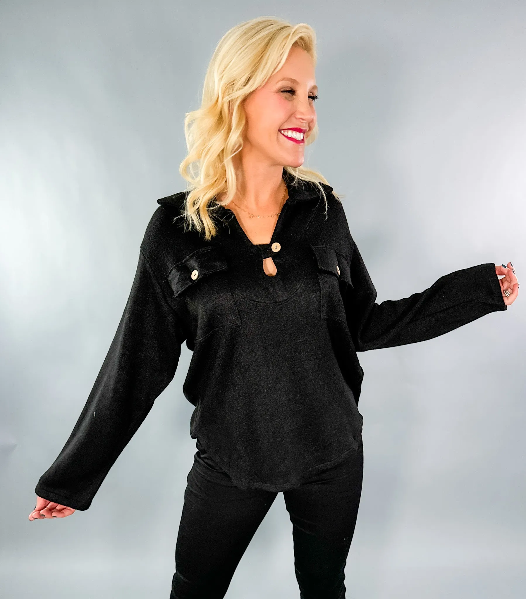Johns Black Pocket Fleece Top