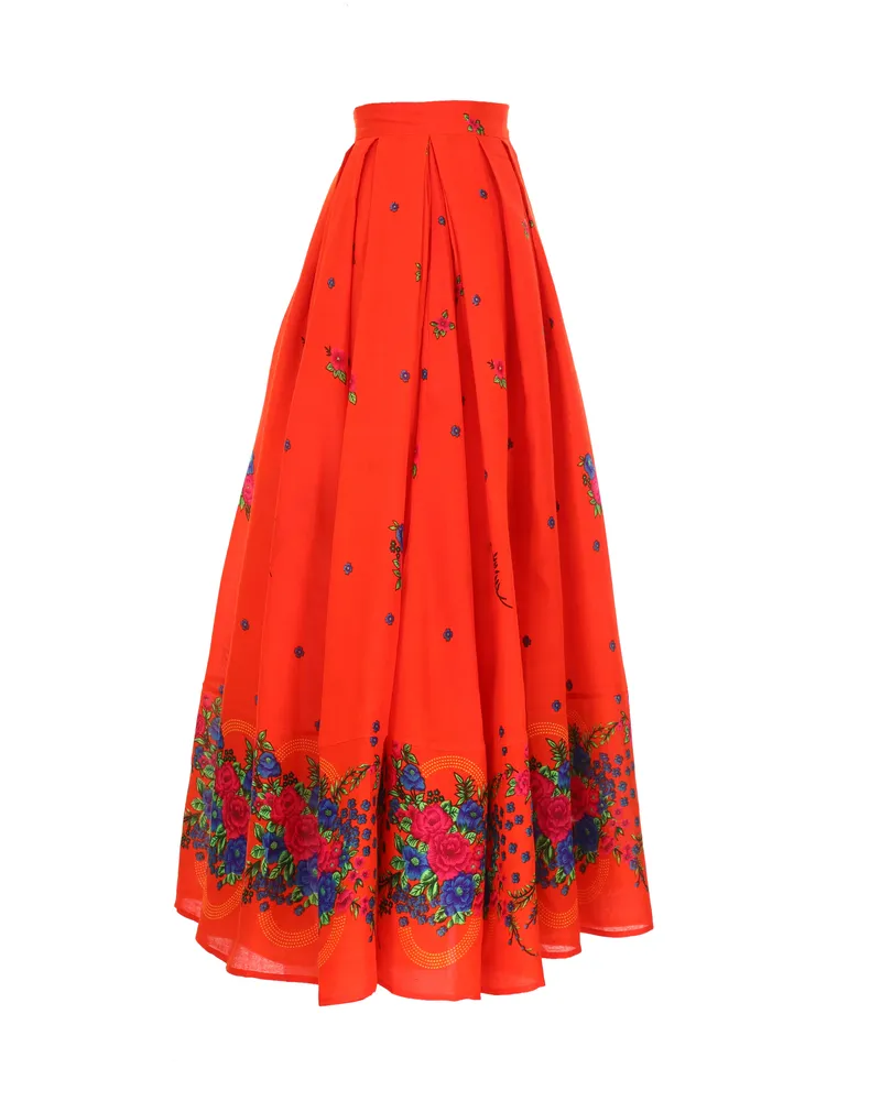 Orange Long pleated Skirt