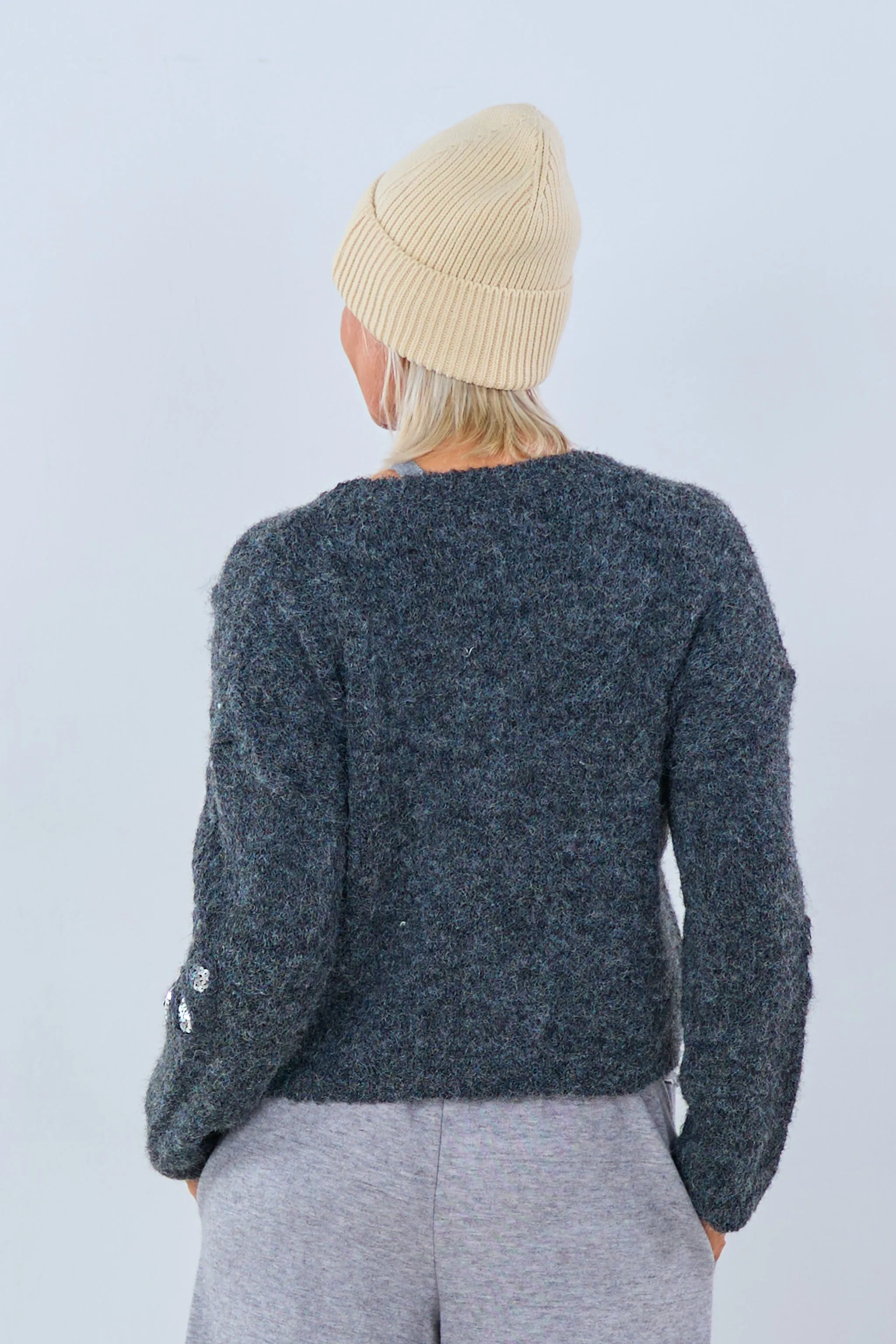 Strickpullover mit Pailletten-Blüten, anthrazit