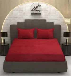 Wine Red Soft Velvet Finish Double Bedsheet with Matching Pillow Covers