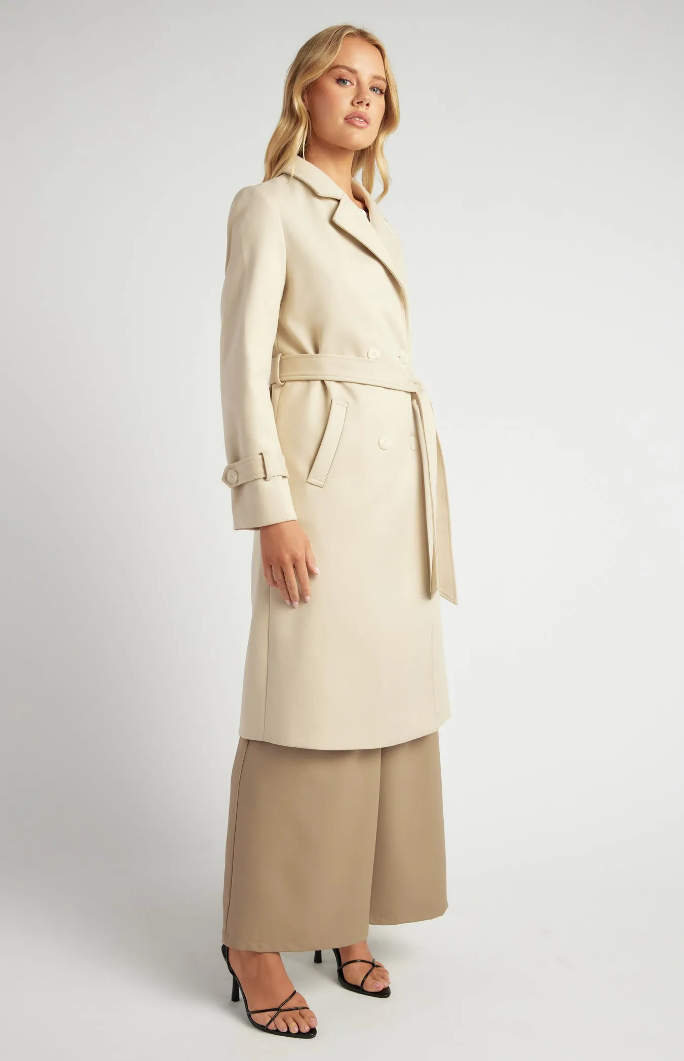 Wynn Double Breasted Longline Coat - Almond