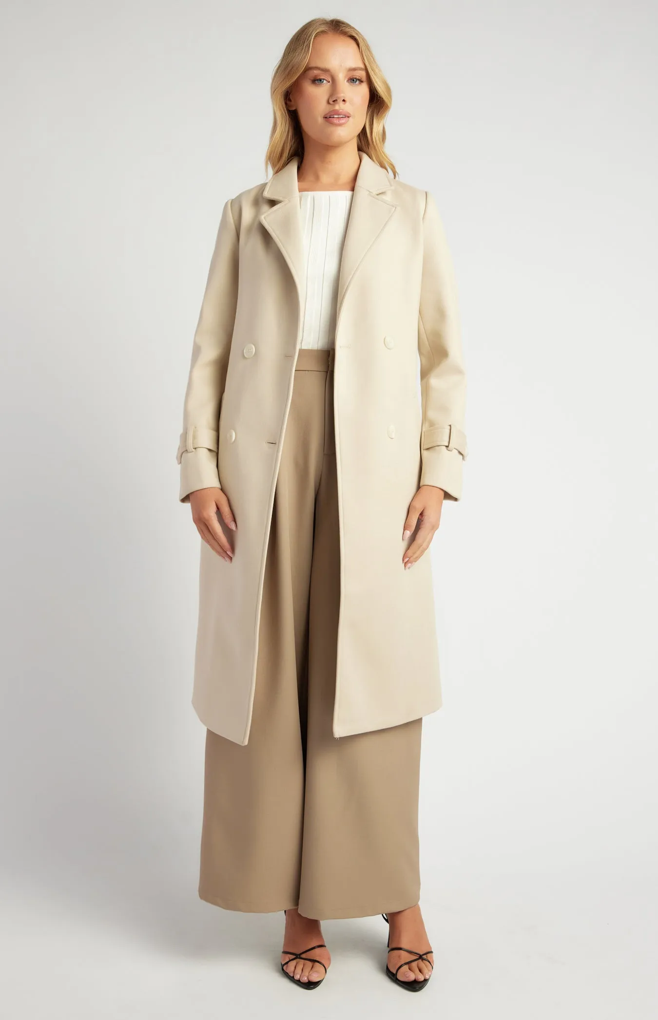 Wynn Double Breasted Longline Coat - Almond