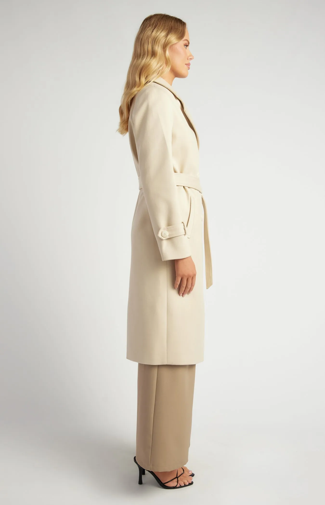 Wynn Double Breasted Longline Coat - Almond