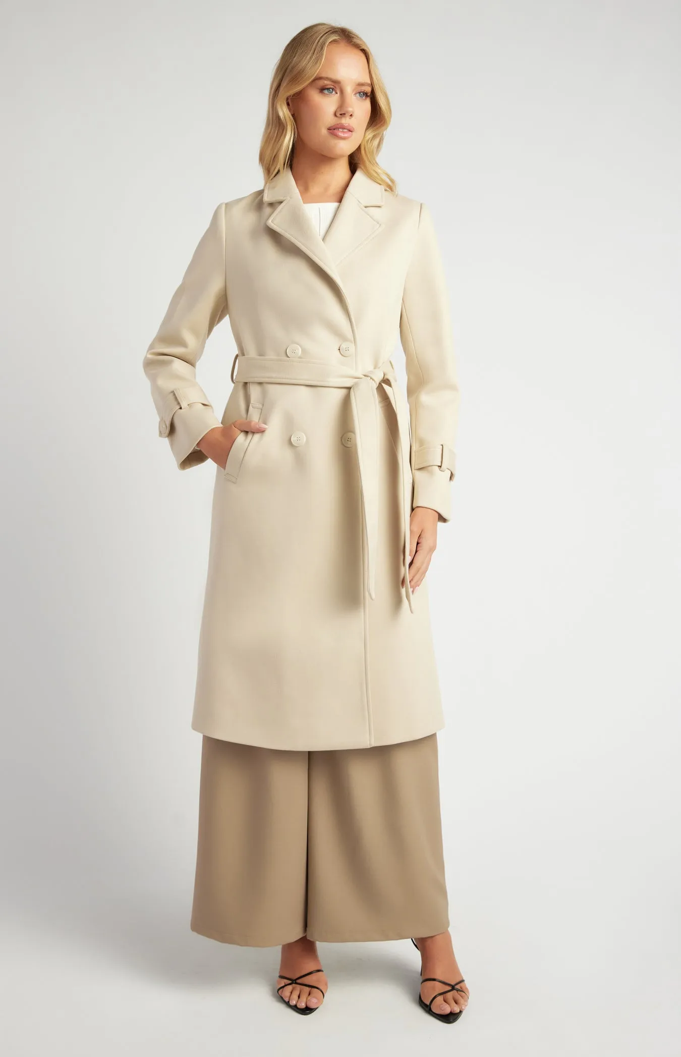 Wynn Double Breasted Longline Coat - Almond